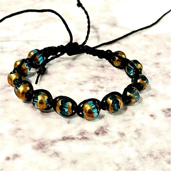 NEW Aqua & Copper Glass Beaded Macrame Handmade Adjustable Beaded Bracelet - Picture 1 of 3